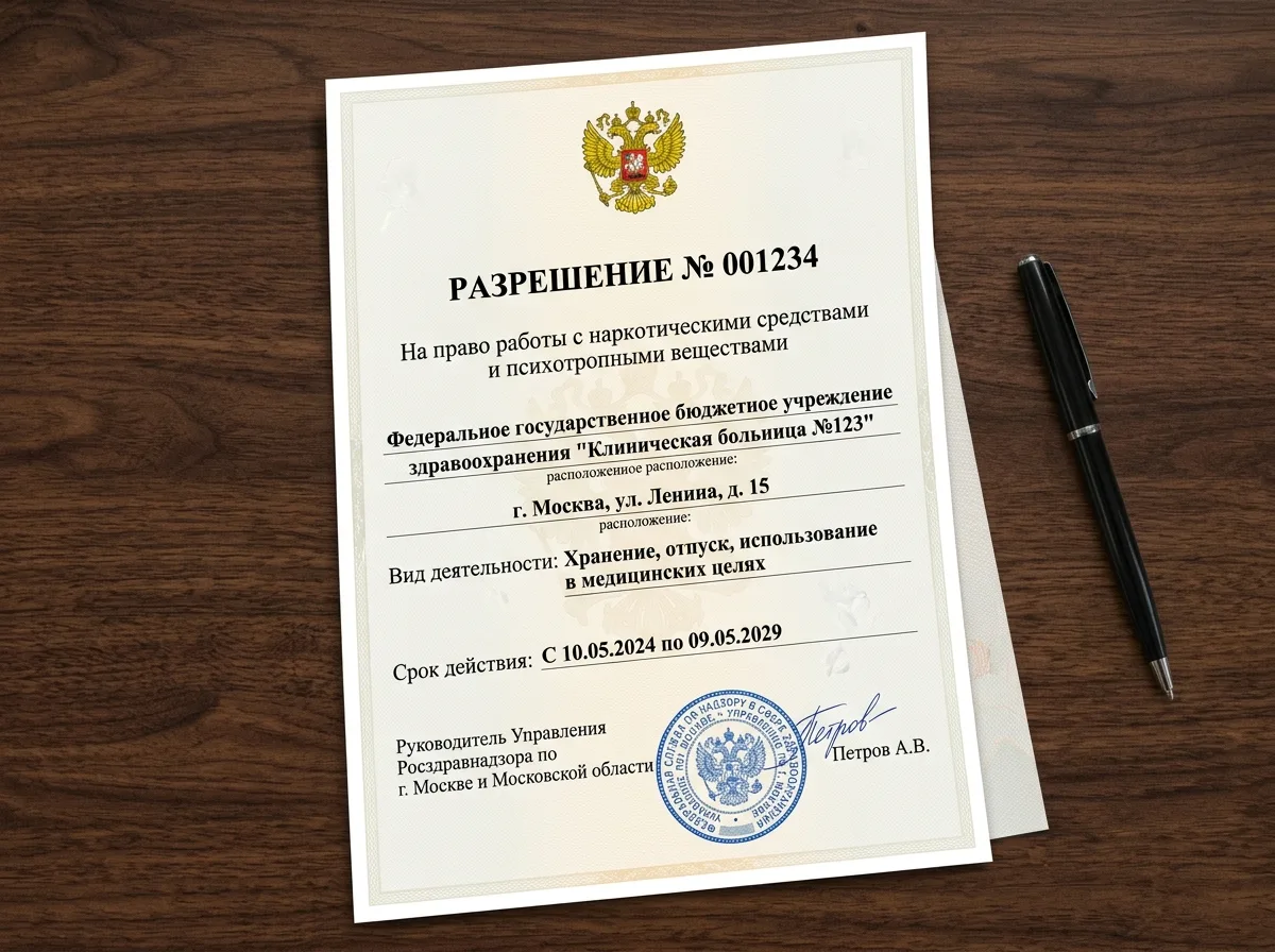 Разрешение на работу с наркотическими и психотропными веществами — официальный документ с гербом России, синяя печать, серьёзный официальный стиль